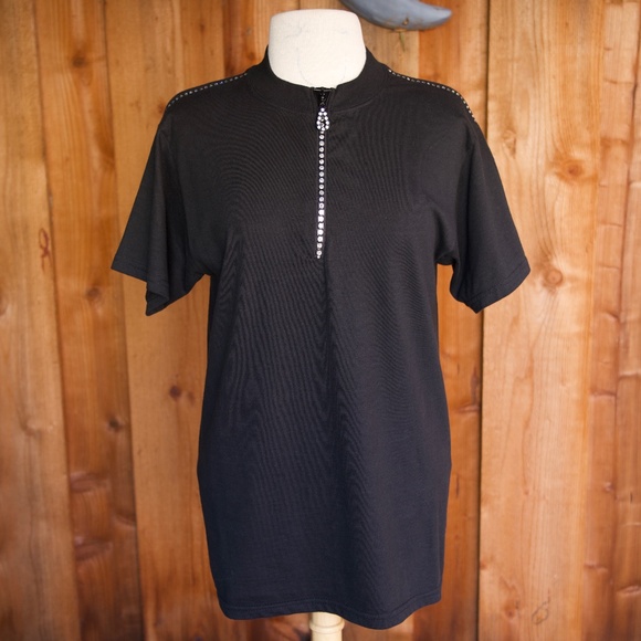 Vintage Christine Alexander 100% Cotton Jewel Studded Zipper Black Shirt Size S - Picture 1 of 17
